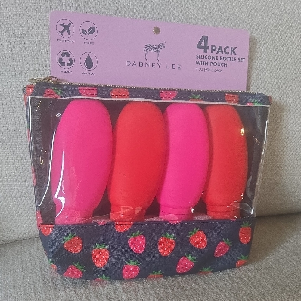 Dabney Lee Pink and Red Silicone Bottle Set with Strawberry Pouch